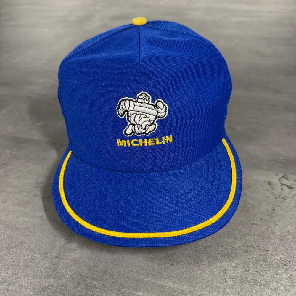 Vintage Michelin Snapback‎ Hat Blue Yellow Trucker Mesh Nylon Adjustable Cap 80s